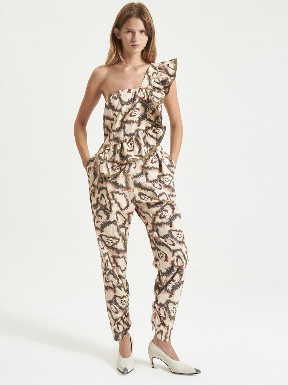 Maria Cher Entero Paella One Shoulder Ruffle Print Jumpsuit 100% Cotton M